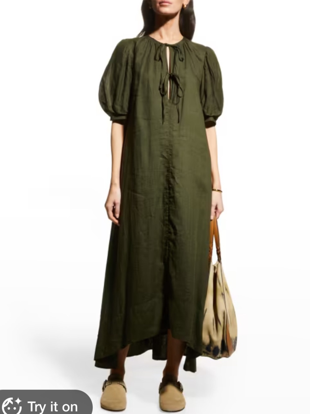 Frame Tie-Neck Ramie Maxi Dress in Fatigue